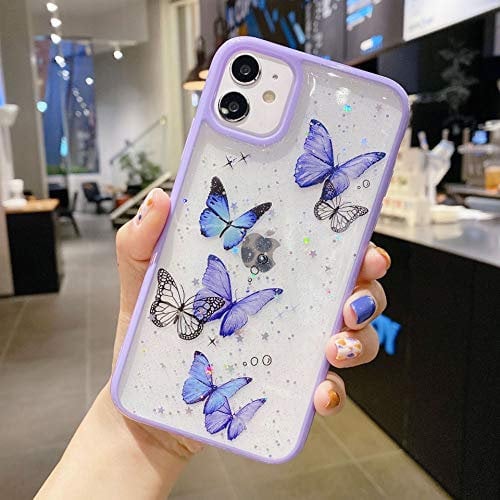 Emlivi Mobile Phone Case for iPhone 12 Mini Transparent Purple Butterfly Silicone Protective Case Clear Back Cover Butterfly TPU Case Cover Protective Shell for iPhone 12 Mini Purple Butterfly