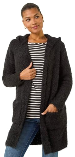 Roman Women Fluffy Cardigan Ladies Winter Cardi Longline Edge to Edge Ombre Coatigan Casual Sparkly Glittery Jacket Knitwear Knitted Autumn Fleecy Cosy Soft Coats - Plain Black - Size 16