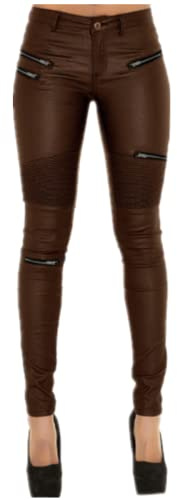 Andiwa Pantalones de cuero sintético para mujer, con cremallera para bicicleta, con costuras a tope, push up, elásticos, leggings de PU, pequeños, regulares, altos