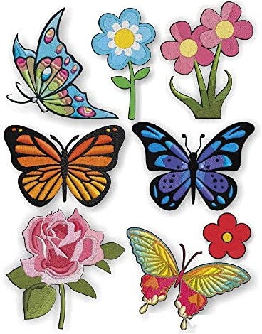8 Parches mariposas y flores bordados para planchar en la ropa. Aplicaciones termoadhesivas para reparar y decorar pantalones, chaquetas, jerseys, mochilas, batas.