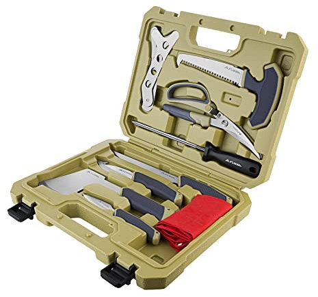 Flissa Kit de apósito de campo de caza, juego de cuchillos de caza de 10 piezas con cuchillo para desollar, kit de procesamiento de juego de carnicero con estuche de almacenamiento portátil para
