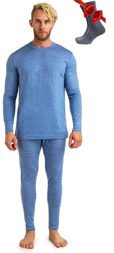 100% Merino Wool Base Layer Men Set - Thermal Underwear Mens + Hiking Socks (Small, 165 LITE Deep Blue)