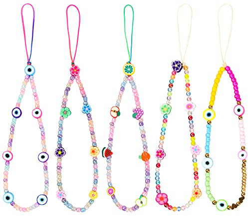 Vesaneae 5 Piezas Cordones de Teléfono con Cuentas, Correa De Muñeca con Cordón para Teléfono Con Cuentas, Cordones de Teléfono con Cuentas, Cordón de Teléfono con Cuentas de Acrílico