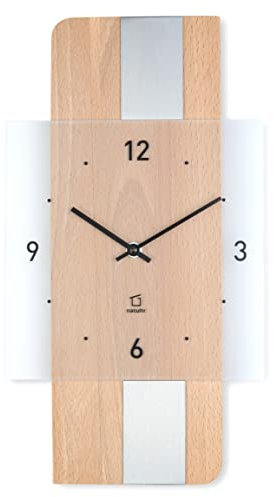 Natuhr Holz Metall Glas Wanduhr - Fusion - präzises Funk-Uhrwerk plastikfrei verpackt (Buche geölt/Edelstahl Auflage)