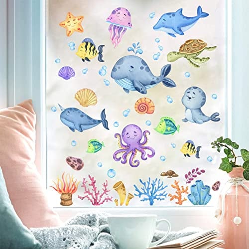WandSticker4U®- [59 Stück] Fensterbilder Kinder UNTERWASSERWELT selbstklebend I Fenstersticker Maritim Fische Meerestiere I Kinder Fensteraufkleber Badezimmer Deko Duschkabine wiederverwendbar
