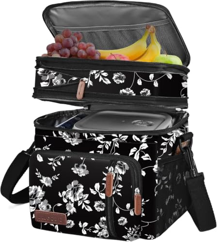 MIYCOO Lunch Bag for Women Men Double Deck Lunch Box - Leakproof Insulated Soft Large Lunch Cooler Bag for Picnic, (White Flower,15L)