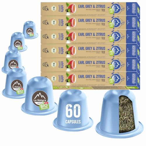 La Natura Lifestyle THÉ BIO EARL GREY & AGRUMES 60 capsules de thé compatibles machines à capsules Nespresso | 100% compostable industriellement²| Écologique