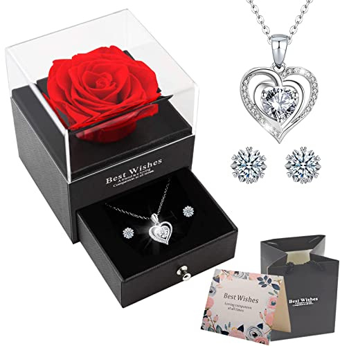 OIOYLEY Vraie Rose Eternelle avec Collier Boucles d'oreilles pour sa Femme, Maman, Grand-Mère, Amie, pour l'anniversaire Saint Valentin Anniversaire Mariage Noël Fête des Mères Cadeau