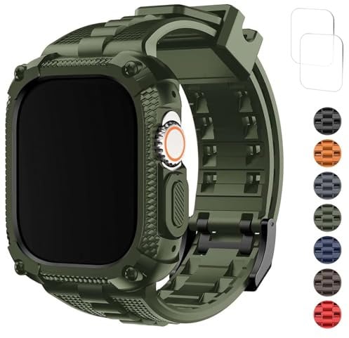 Fullmosa Cinturino TPU Compatibile con Cinturino Apple Watch Ultra 2/Ultra 49mm, Rugged Cover con Cinturini di Ricambio in Silicone Sport 49mm per Apple Watch Ultra, Militare Verde