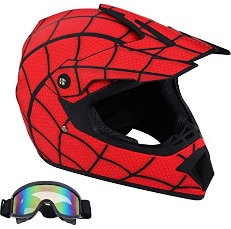 Senhill Motocross Helm Motorrad Helm DOT Fullface Helm Spiderman-Stil Motocross Fahrradhelm Off Road Dirt Bike Helm mit mit Schutzbrille für Unisex Jugend Kinder (M)