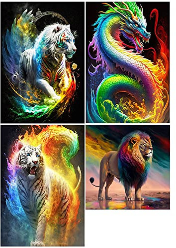 DCIDBEI Lot de 4 Peinture Diamant Dragon Chinois 30x40 cm - Broderie Animaux Tigre Lion - Diamond Painting le Roi Lion