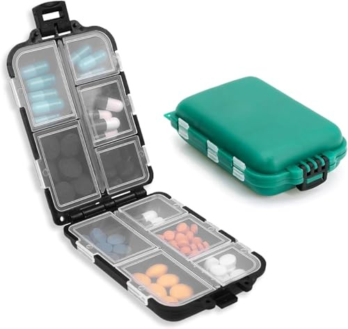 2 Pezzi Portapillole Settimanale con 10 Scomparti Rimovibili - Mini Organizer Tascabile Giornaliero per Farmaci, Integratori, Vitamine, Nero/Verde