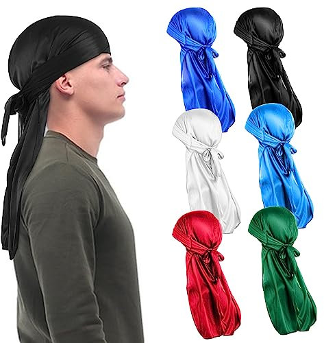 WLLHYF Silk Durag Durag Piraten-Kopfbandage, atmungsaktiv, für 360 Wellen, weiches Bandana, Turban-Hut, Haarausfall, Chemo-Kappe (schwarz + weiß + blau + hellblau + rot + grün), Schwarz, Einheitsgröße