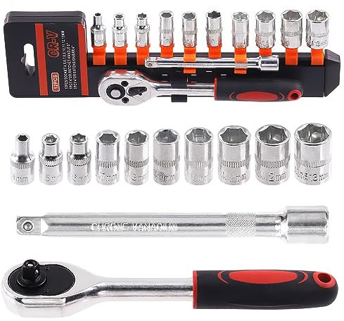 Swpeet Lot de 12 clés à cliquet 1/4 avec 10 douilles de 4 à 13 mm et douilles à cliquet à dégagement rapide et barre d'extension de 10 cm pour réparation à domicile, garage, atelier, bricolage