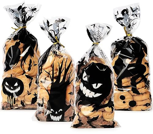 40 Stück 4 Designs Halloween Geschenktüten Beutel Taschen Süßigkeiten Tüten Candy Bags Bonbontüten Partytüten Zellophantüten Dekoration Geschenke für Partys Süßigkeitentüten (Transparent)