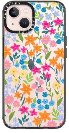 CASETiFY Kompakte Schutzhülle für iPhone 13, 1,2 m, 2 x Fallschutz in Militärqualität, schlank, leicht, helle Frühlingsblumen, transparentes Schwarz