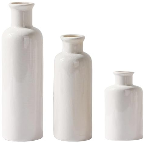 Schmale Kleine Vasen 3er Set aus Keramik für Trockenblumen, Deko Vase für Pampasgras, Blumenvase Weiß für Tischdeko - Weiß