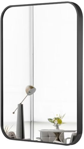 Wandmontierter Badezimmerspiegel für über dem Waschbecken, 35,6 x 45,7 cm, schwarzer Rahmen, leichte Aluminiumlegierung, Schminkspiegel, runder Horn, rechteckig, groß, gebürsteter Spiegel für den