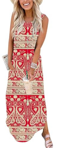 Cuptacc Sommerkleid Damen Lang Ärmellos Strandkleid Lose Kleid Strand Maxi Elegant Boho Paisley Rot,Mittel M 38-40