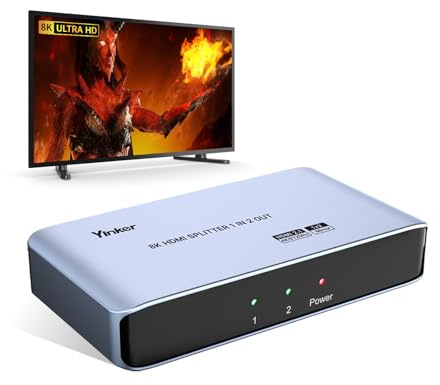 Yinker 8K HDMI 2.1 Splitter 1 in 2 Out (1x2), 40G Bandwidth, 8K@60Hz 4K@120Hz, Support HDCP 2.3 & EDID, Mirror/Duplicate Only, Plug & Play for PS5 Xbox Fire Stick HDTV