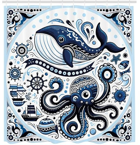 ABAKUHAUS Marine Duschvorhang, Schiffe Wal und Krake mit wirbelnden Ornamenten Nautisch inspiriertes Design, Stoffliches Gewebe Badezimmerdekorationsset mit Haken, 175 x 200 cm, Marineblau Weiß