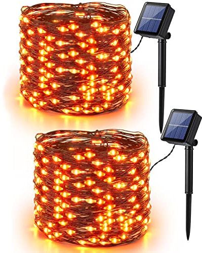 PhilzOps Orange Solar Lichterkette Herbstdeko, 2 Stück 14M 120 LED Halloween Solar Lichterketten Außen 8 Modi Wetterfest Kupfer Draht Lichterkette Aussen für Erntedankfest Garten Baum Hof Party