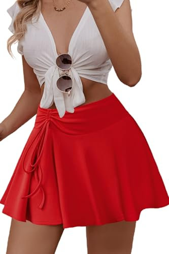 Avidlove Damen Minirock Casual Skaterrock Vielseitige Mini Skirts Sexy Kordelstring Kleid Basic Hoher Taille Röcke Elegant Dessous Faltenrock Tennis Rock,RotXL