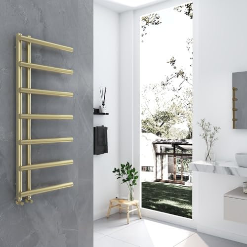 500mm (w) x 1200mm (h) Brushed Brass Designer Heated Towel Rail Reversible Bathroom Radiator Mira - 1494 BTUs