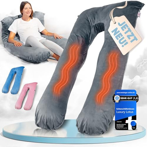 Luxury Lotus Seitenschläferkissen [Beheizt] XXL Komfortkissen Schwangerschaftskissen Stillkissen für Besseren, Gesünderen Schlaf | Schattengrau