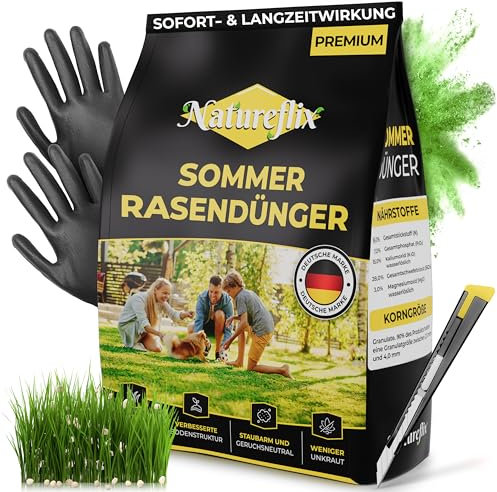 Natureflix Rasendünger Sommer | Langzeitdünger & Stickstoffdünger für jeden Rasen – der Premium Düngemittel (Körnung 2-4mm) mit Moosverdrängung | für Streuwagen (5kg für 250m²)