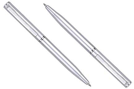 Drehbarer Kugelschreiber im Taschenformat, silberfarben, schmal, mittlere Spitze (1 mm), schönes Geschenk für Büro, Studenten, Lehrer, Hochzeit, Weihnachten (2 Stück)