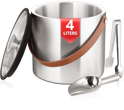 Bakpoco Eiskübel mit Deckel, Schaufel, Zange und Sieb, Edelstahl, doppelwandig, isoliert, für Partys und Cocktailbar, großer Champagner-Eisbehälter, hellbrauner Griff, 4 l