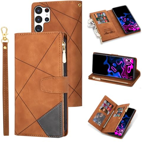 UEEBAI Hülle für Samsung Galaxy S25 Ultra 5G, Leder Klapphülle, Braun Raute | Premium PU Handyhülle Magnetische Klapphülle mit 9 Kartenfächer Standfunktion Geldbörse Trageband Schutzhülle Wallet Case