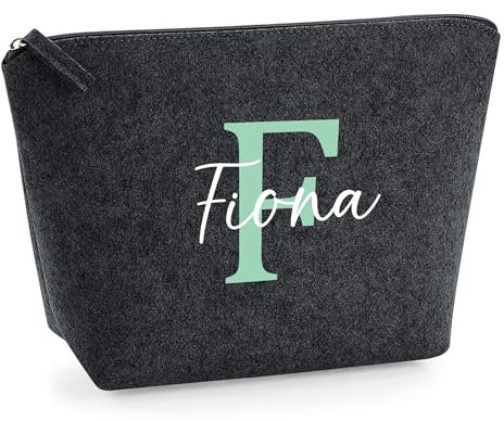 Kulturtasche Damen personalisiert mit Buchstabe | Kosmetiktasche aus hochwertigem Filz | Geschenkidee Frauen (Anthrazit, Gross)