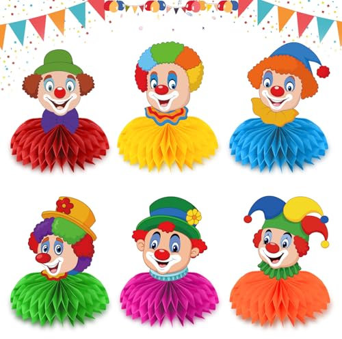Clown Tischdeko Karneval, 6 Stück Karneval Bienenwaben Tischdeko, Zircus Clown Hängende Pompoms Hängedeko, Tischdekoration für Karneval ischdekoration für Karneval, Fasching, Zirkus Deko