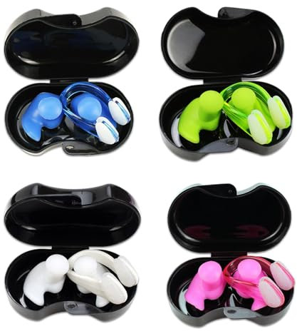 Plstod Lot de 4 bouchons d'oreilles étanches en silicone avec pince-nez pour natation avec boîtes, pour adultes et enfants, 4 couleurs