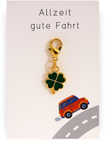 Milaboo® Kleeblatt Schlüsselanhänger mit Karte – Glücksbringer Geschenk für besondere Anlässe wie Prüfung, Reise, Einschulung, Operation, 12 Varianten, 55x85 mm (Gute Fahrt)