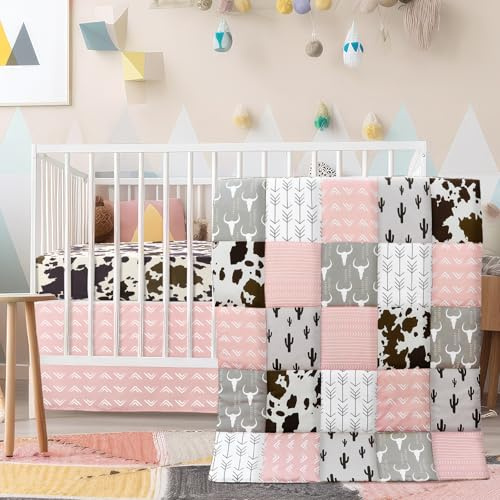 Hahafelt 3 Piece Patchwork Western Crib Bedding Set for Boys Girls Cow Cactus Print Baby Bedding Barnyard Western Nursery Decor Soft Baby Bed Set Includes Quilt Fitted Crib Sheet Bed Skirt (Cowgirls)