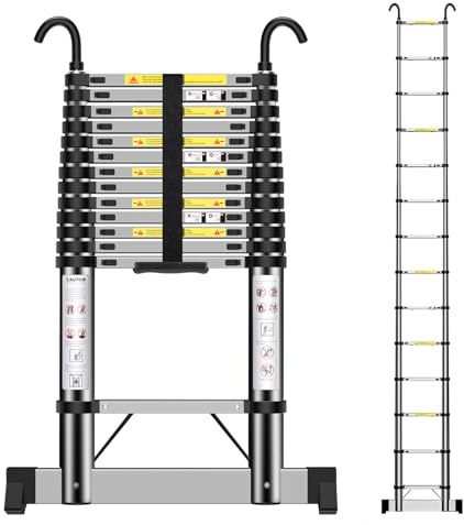 EOXCIIU Telescopic Ladder 4.4m, Stainless Steel Extendable Ladder with Hooks and stabiliser, Height Adjustment, Convenience for Home, Attic Access, etc.