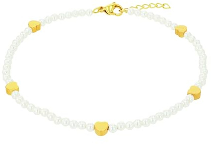 Amor Fußkette Edelstahl Damen Sommerschmuck, mit Glasperle, 23+2 cm, Weiß, Herz, Kommt in Schmuck Geschenk Box, 2040013