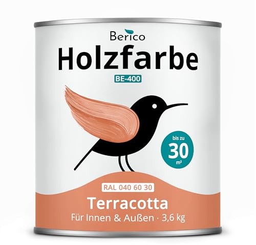 Berico Holzfarbe 3,6 Kg - 4in1 Premium Holzlack - RAL 0406030 Terracotta | Robuster Holz- & Wetterschutz inkl. Grundierung, für Innen & Außen, schnelle Trocknung, hohe Deckkraft, Tonrot