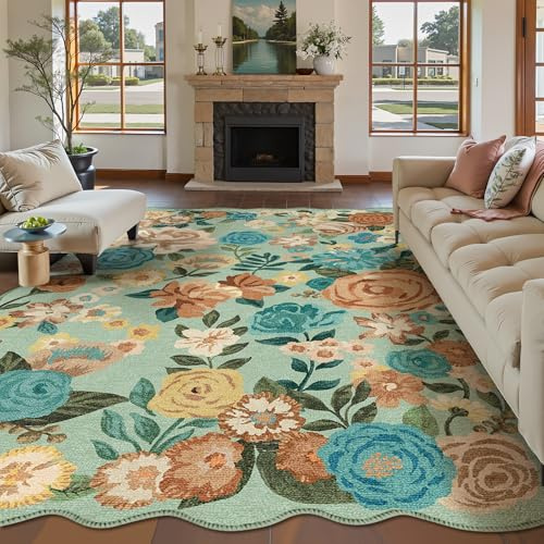 HUGEAR Teppich Wohnzimmer 200x300cm Grün Waschbarer Carpet Rug | Blumen Blumenmuster Teppiche,Waschbar Rutschfest,Weich Kurzflorig,Boho Neutral Modern,für Schlafzimmer,Esszimmer,Büro