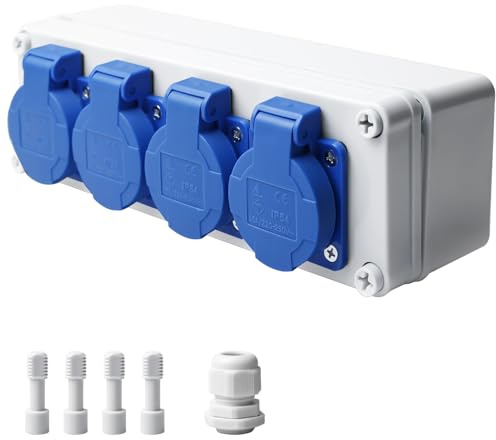Steckdosenverteiler 4x Schuko 230V, IP44 Baustromverteiler Stromverteiler, 16A Wandverteiler Stromverteiler, Wandverteilerkästen Aufputz Verteiler für Indoor/Outdoor