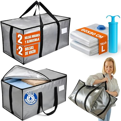 2 Bolsas Mudanza Y Almacenaje Ropa XXL + 2 Bolsas Vacio Ropa Grandes con Bomba de Vacio, Alternativa a las Cajas Mudanza Grandes, Set Completo para Almacenamiento Hogar 100% Impermeable y Resistente