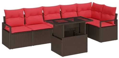 vidaXL Gartensofa-Set mit Speicher 7 pcs Braun und Rot Poly-Rattan, Garten- und Terrassen-Sofa-Set, modularer Lounge-Bereich, langlebig, UV-beständig, Sitzgelegenheiten für drinnen und draußen