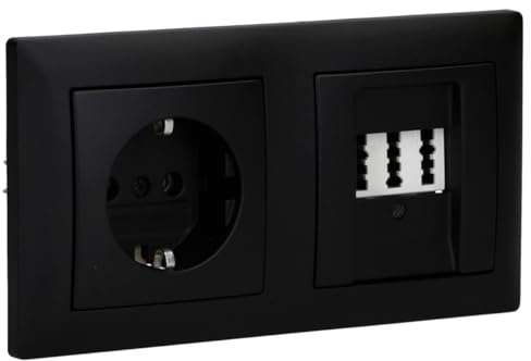 Busch-Jaeger balance SI Telefon- & Steckdosen-Set 2-fach Schwarz matt | Rutenbeck TAE 3x6 NFN Telefondose mit Zentralscheibe, 20 EUC-915 SCHUKO Steckdose und 1722-915 Rahmen 2-fach