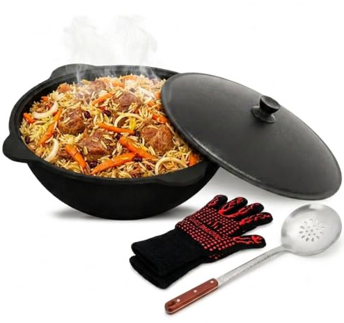 Kasan Gusseisen 10L mit Aluminium Deckel Schaumkelle Grillhandschuhe | Original Usbekistan Kochset für Plov Wok Grill Traditioneller Gusstopf Usbekisch Grillwok Ofenhandschuhe Hitzebeständig