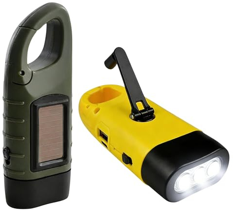 2 Piezas Linterna Manivela Solar Linterna LED Recargable de Dinamo Linterna de Emergencia Super Brillante con Mosqueton Cargador USB Power Bank para Camping Senderismo Supervivencia Amarillo / Verde