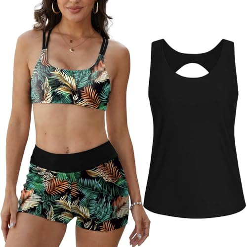 Yutdeng Tankini da Donna in 3 Pezzi Canotte Top e Bikini Push Up e Pantaloncini da Bagno a Vita Alta Costume da Bagno Sportivo Tankini Coprente Contenitivo per Mare Piscina Spiaggia