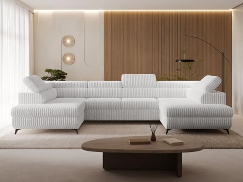 GRAINGOLD Argon U Ecksofa mit Schlaffunktion & Bettkasten 322x190 cm, U-Form Sofa mit Stauraum, Schlafcouch für Wohnzimmer, Cord-Stoff, 5-Sitzer Wohnlandschaft, Modernes Design (Tilia, Grau)